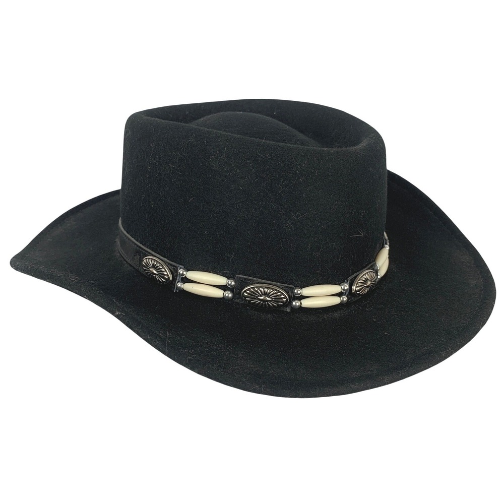 SCALA Pure Wool Felt Western Cowboy Hat One Size Black Concho Bone Bead Band